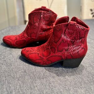 Rampage Whendl crimson red snake skin cowgirl ankle boots with heel.